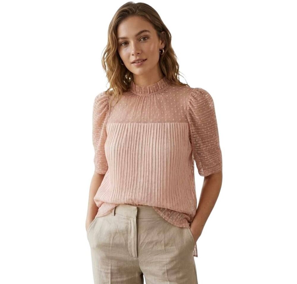 Ginger G Dusty Peach Pleated Mock Neck Mesh Puff Sleeve Blouse Sz S
